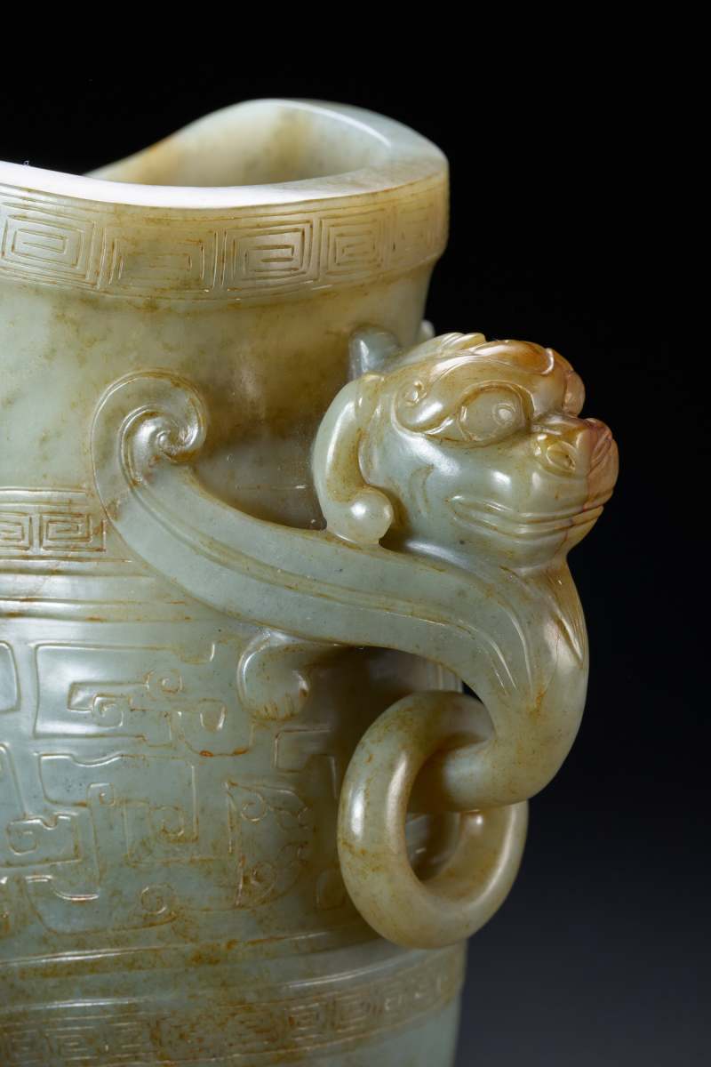 清  青玉雕龙纹活环觥 - 图4