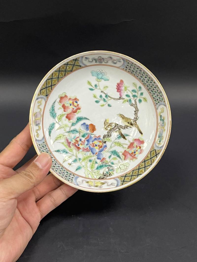 清晚期  粉彩花鸟纹盘 - 图3