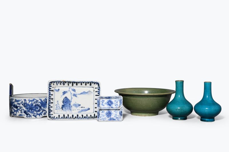 清  青花、孔雀蓝釉、青釉瓷器六件