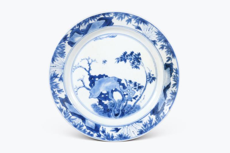 清康熙  青花洞石凤竹图折沿盘
