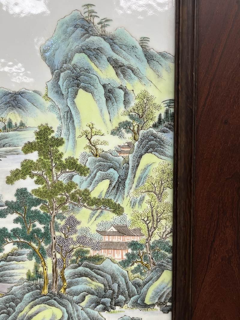 民国  粉彩山水人物纹瓷板挂屏 - 图5