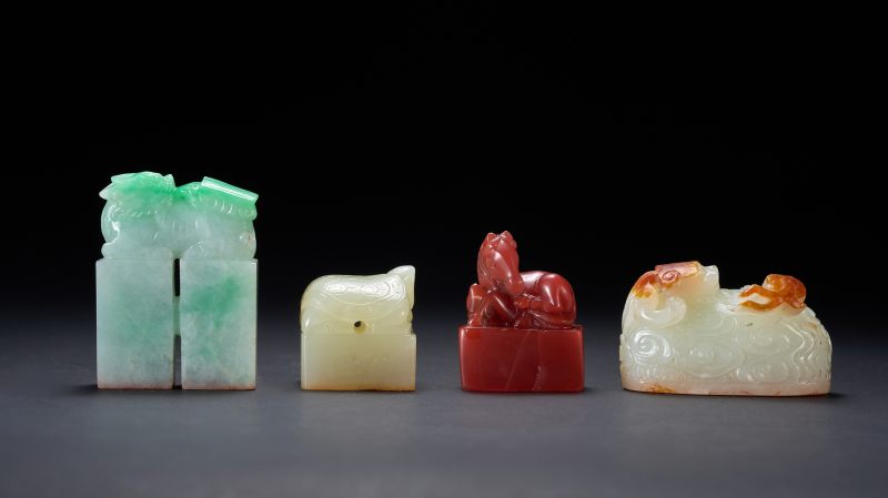 清  翡翠麒麟负书钮、白玉留皮俏色云龙戏珠、南红玛瑙卧马钮、白玉龟钮印章四件