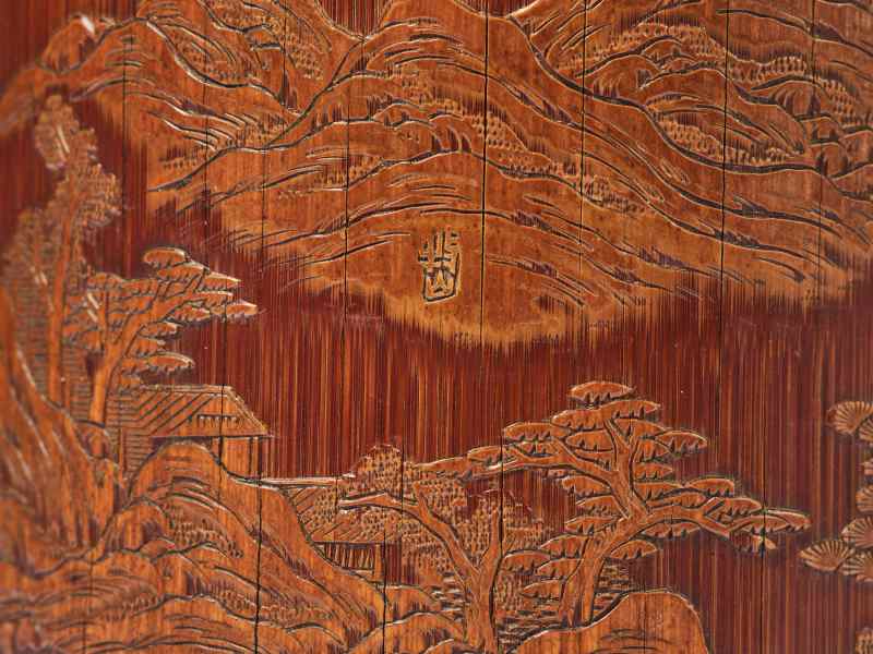 清  牧山款竹留青山水纹笔筒 - 图9
