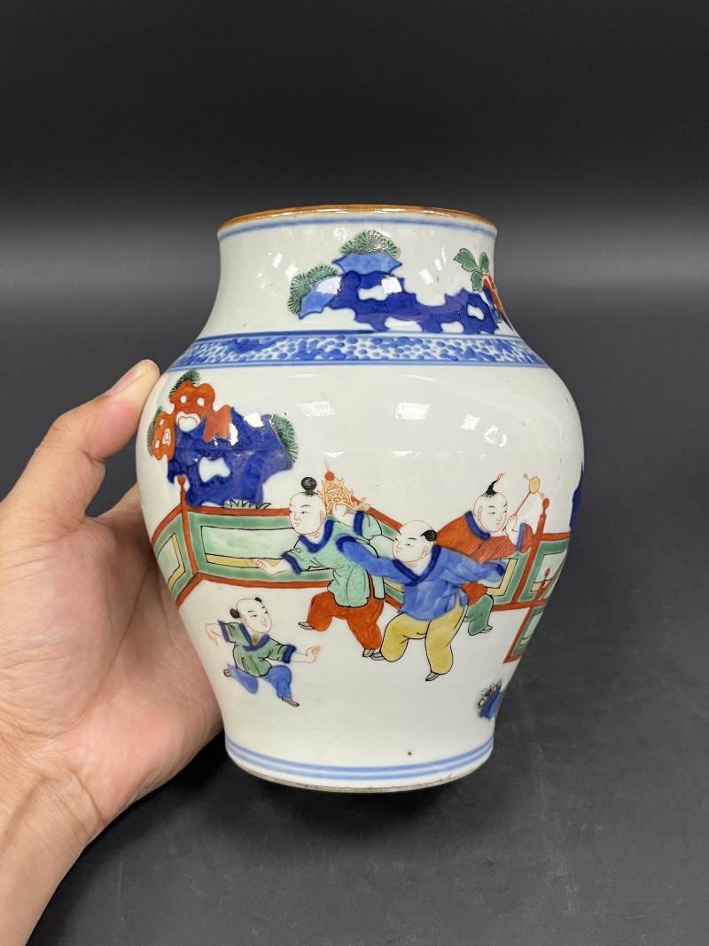 清晚期  青花五彩人物故事图莲子罐两只 - 图4