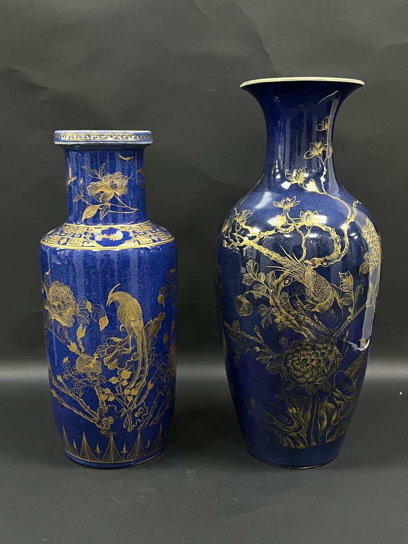 清晚期  洒蓝釉描金花鸟纹棒槌瓶、观音瓶各一件 - 图3