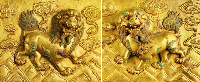 清 铜鎏金狮子饰板一对 - 图4