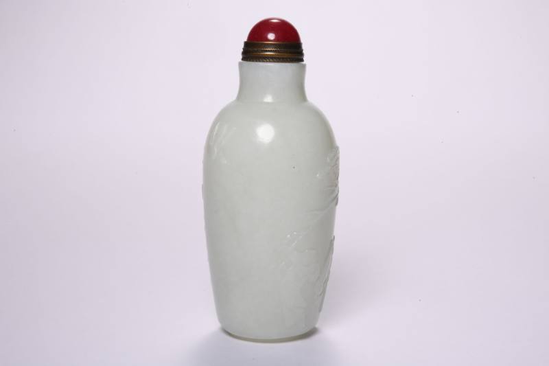 民国  青白玉丁山射燕诗文烟壶 - 图2
