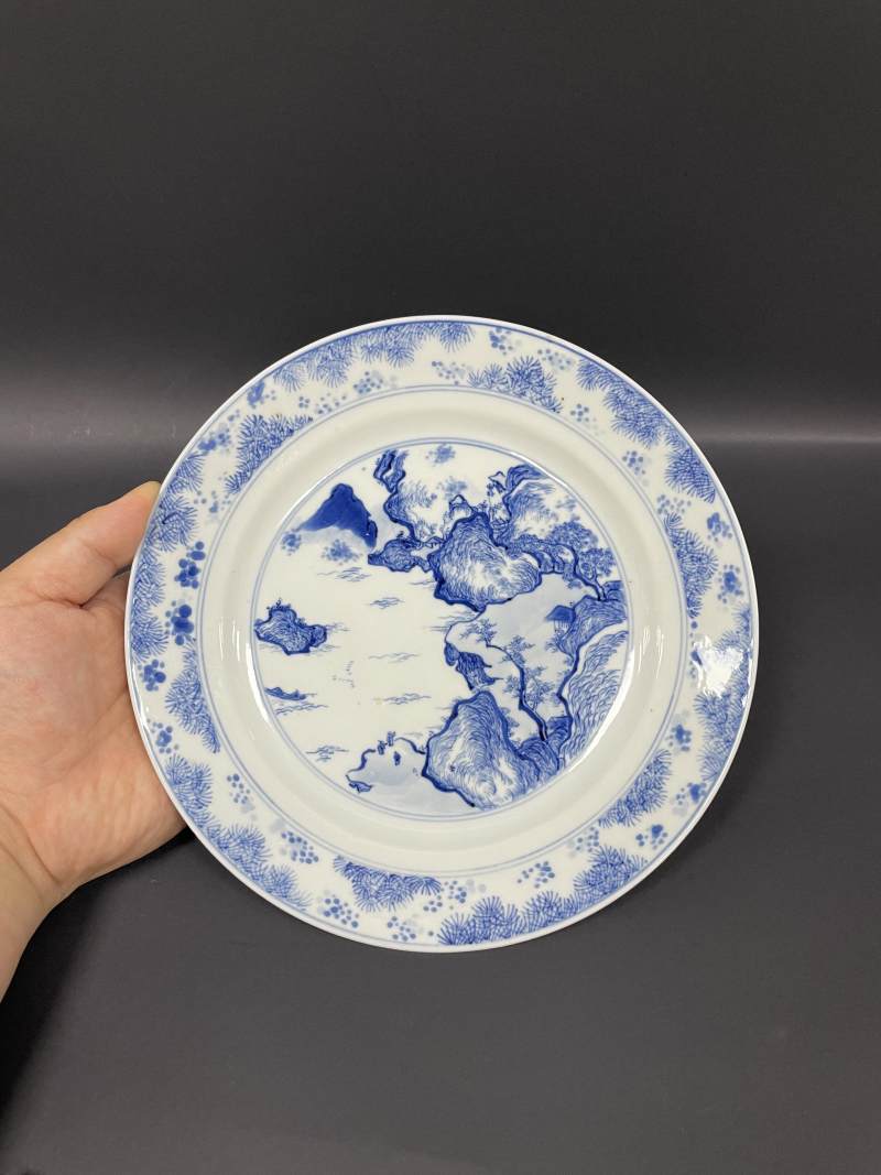 清康熙  青花披麻皴山水人物纹折沿盘 - 图3