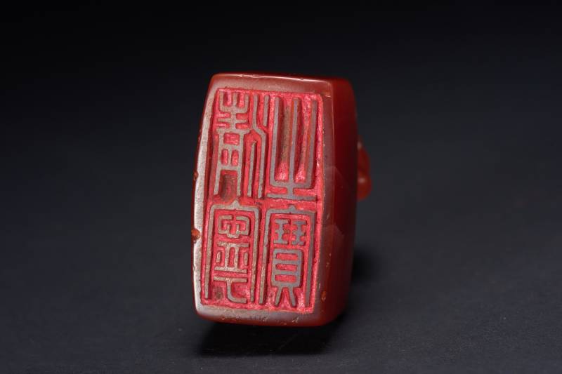 清  翡翠麒麟负书钮、白玉留皮俏色云龙戏珠、南红玛瑙卧马钮、白玉龟钮印章四件 - 图14