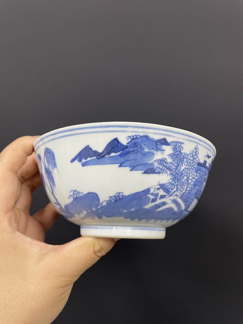 清中期  青花江西十景图碗、山水人物纹碗各一只 - 图7