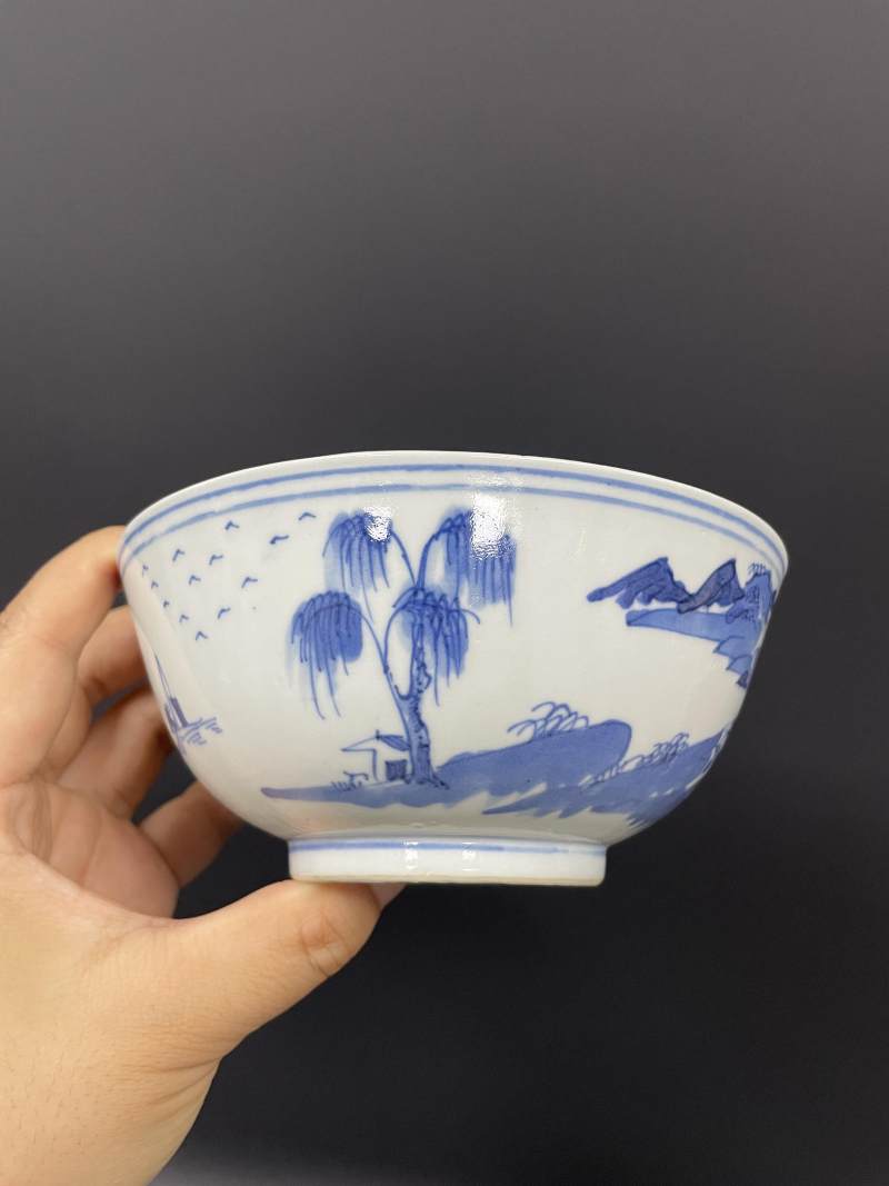 清中期  青花江西十景图碗、山水人物纹碗各一只 - 图8