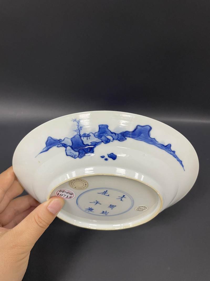清康熙  青花披麻皴山水人物纹折沿盘 - 图10