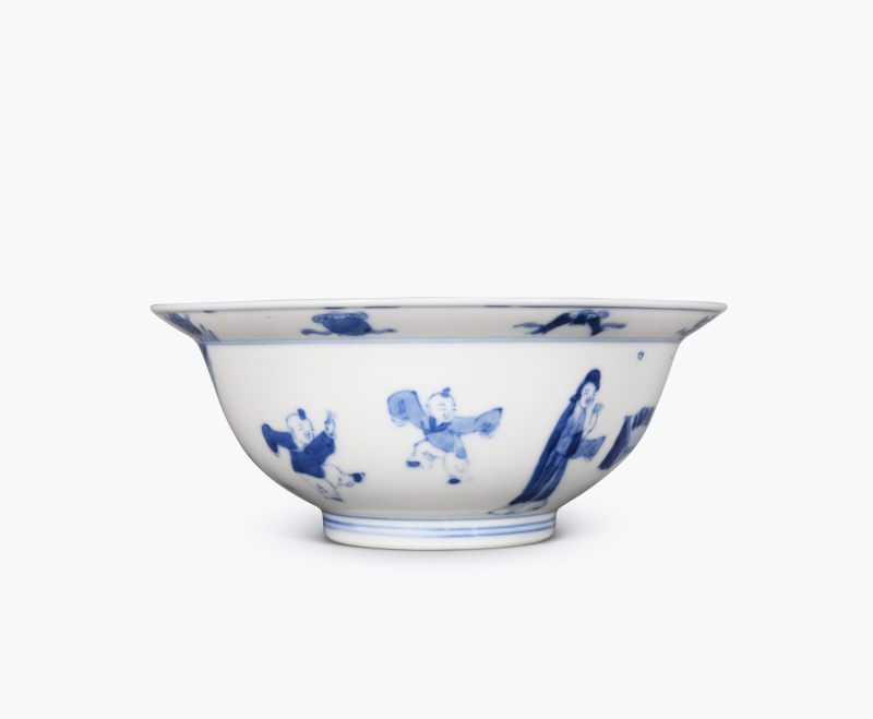 清康熙  青花教子图折沿碗
