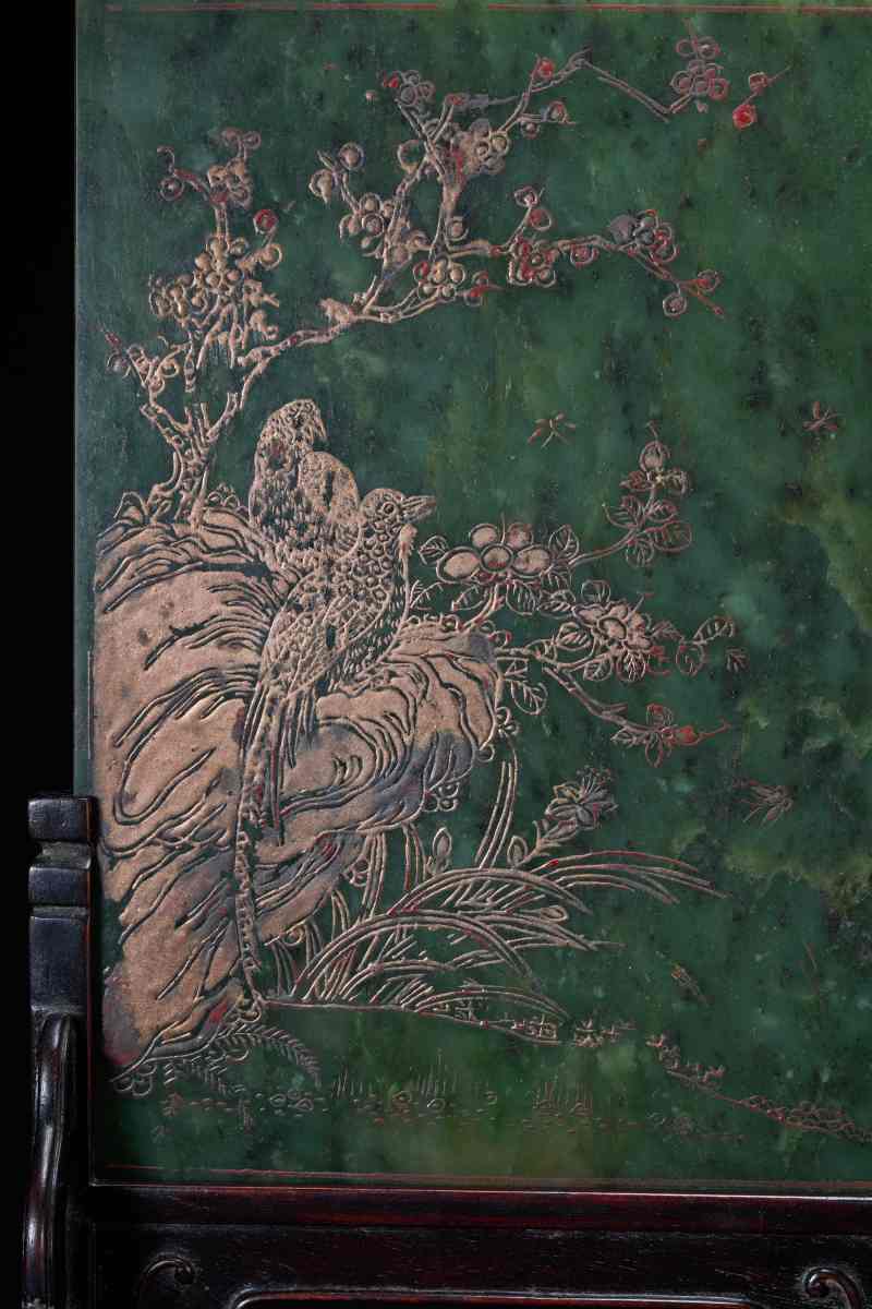 清  碧玉描金喜鹊登梅诗文图插屏 - 图2