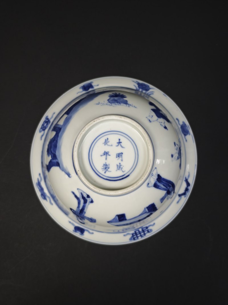 清康熙  青花教子图折沿碗 - 图7