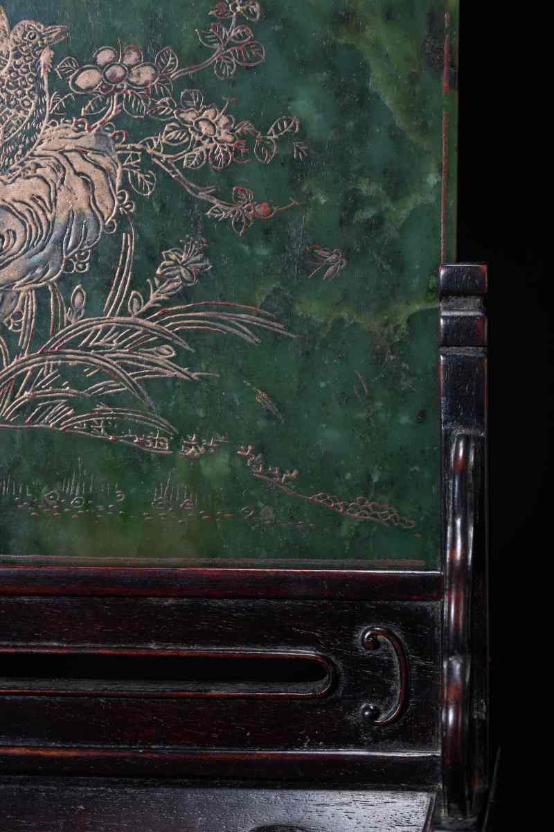清  碧玉描金喜鹊登梅诗文图插屏 - 图4