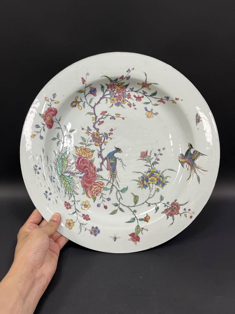 清雍正  粉彩花鸟纹折沿大盘 - 图2