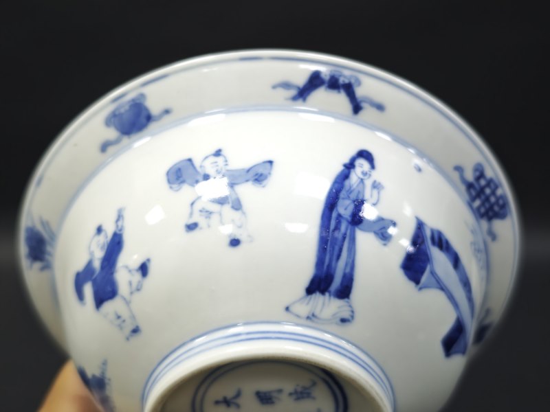 清康熙  青花教子图折沿碗 - 图10