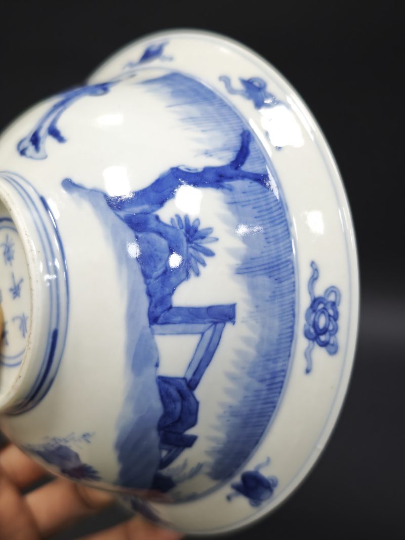 清康熙  青花教子图折沿碗 - 图11
