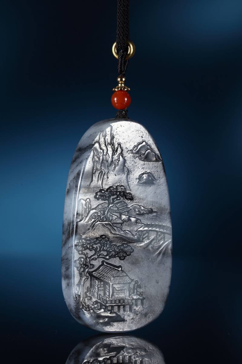 当代  “水墨黛山”和田玉青花料牌 - 图3