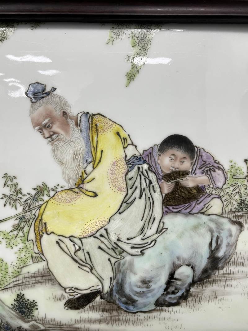 民国  粉彩垂钓图瓷板挂屏 - 图5