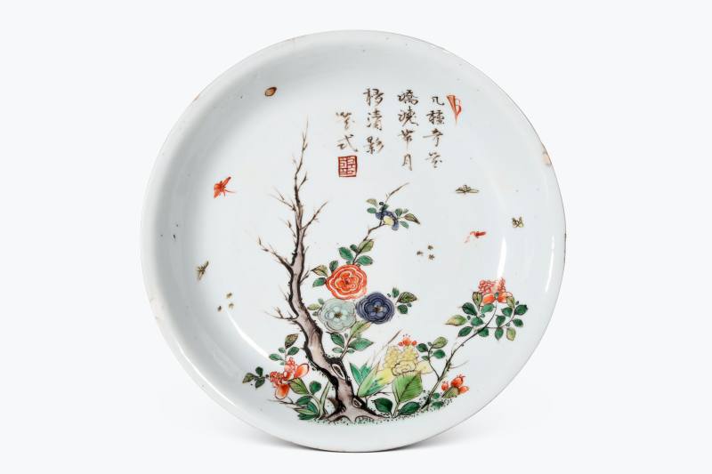 清康熙  五彩花蝶诗文大盘