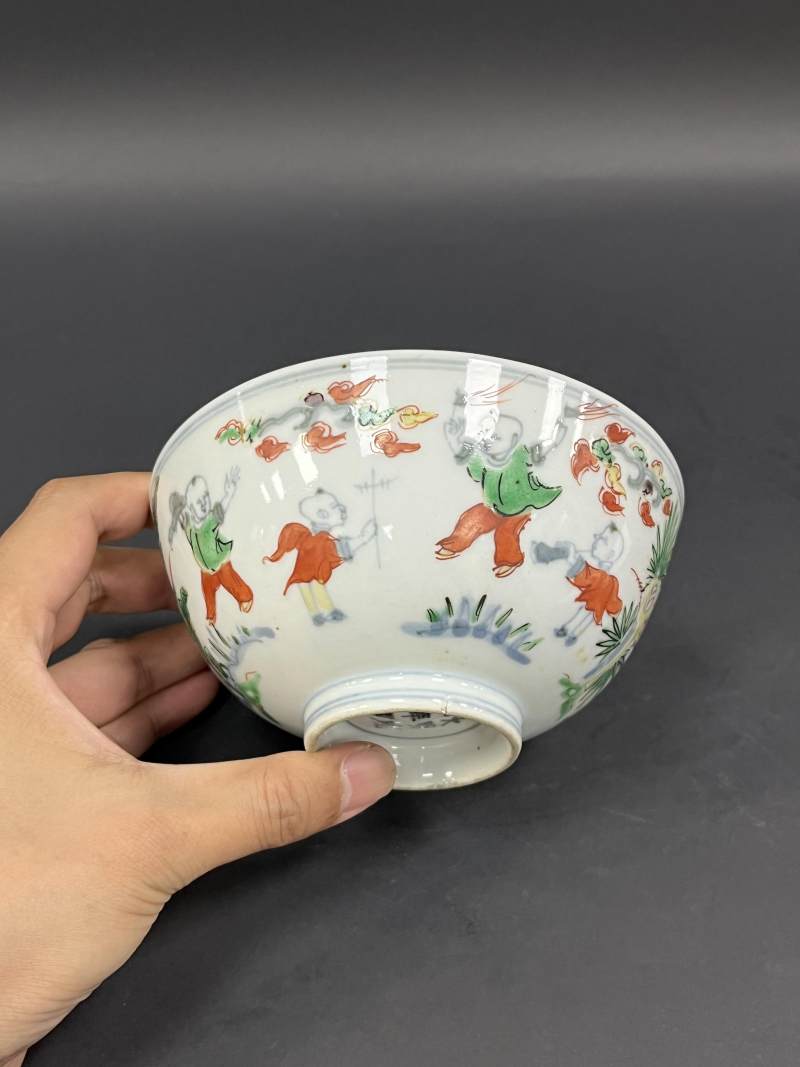 明晚期  青花五彩婴戏图鸡心碗 - 图6