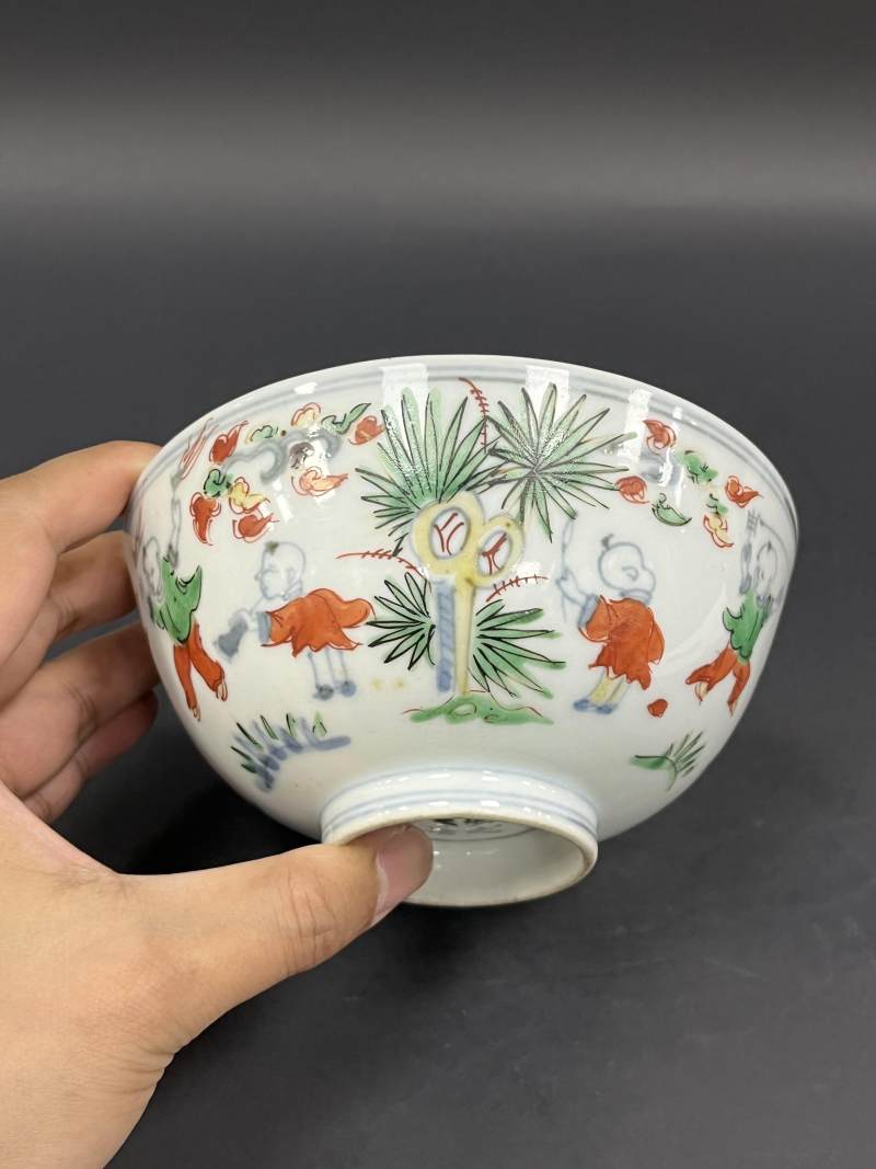 明晚期  青花五彩婴戏图鸡心碗 - 图7