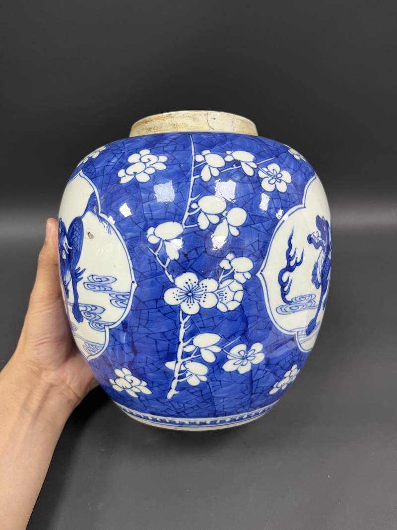 清康熙  青花冰梅纹开光瑞兽纹罐 - 图6