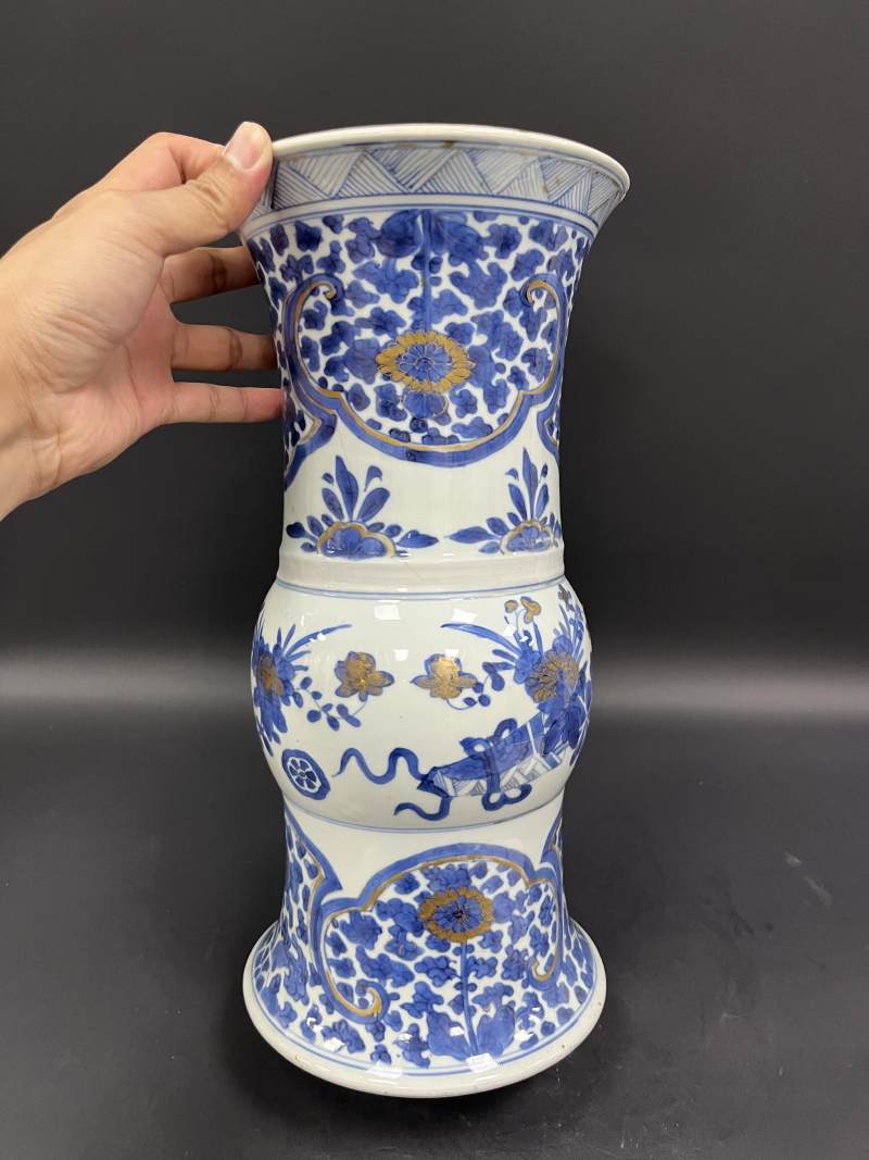 清康熙  青花描金花卉纹花觚 - 图3
