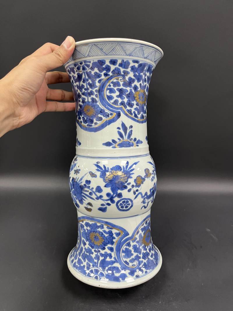 清康熙  青花描金花卉纹花觚 - 图4