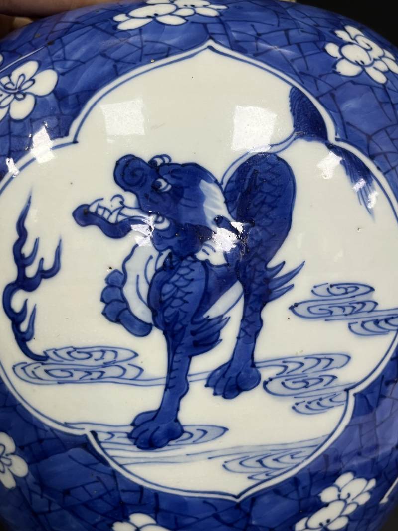 清康熙  青花冰梅纹开光瑞兽纹罐 - 图10