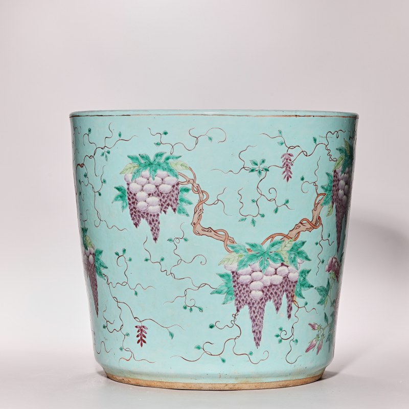 清晚期 松石绿地粉彩紫藤花鸟纹花盆 - 图4