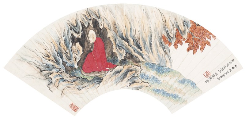 马晋  罗汉扇面镜心