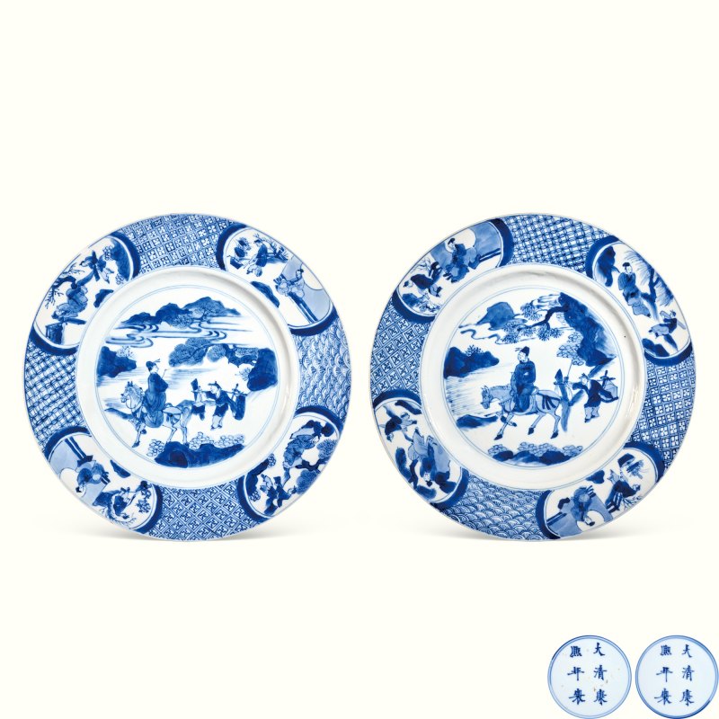 清康熙 青花人物故事图盘一对