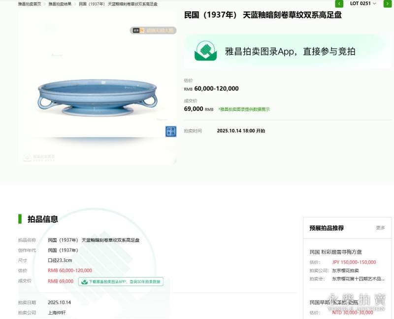 民国 天蓝釉暗刻卷草纹双系高足盘 - 图5