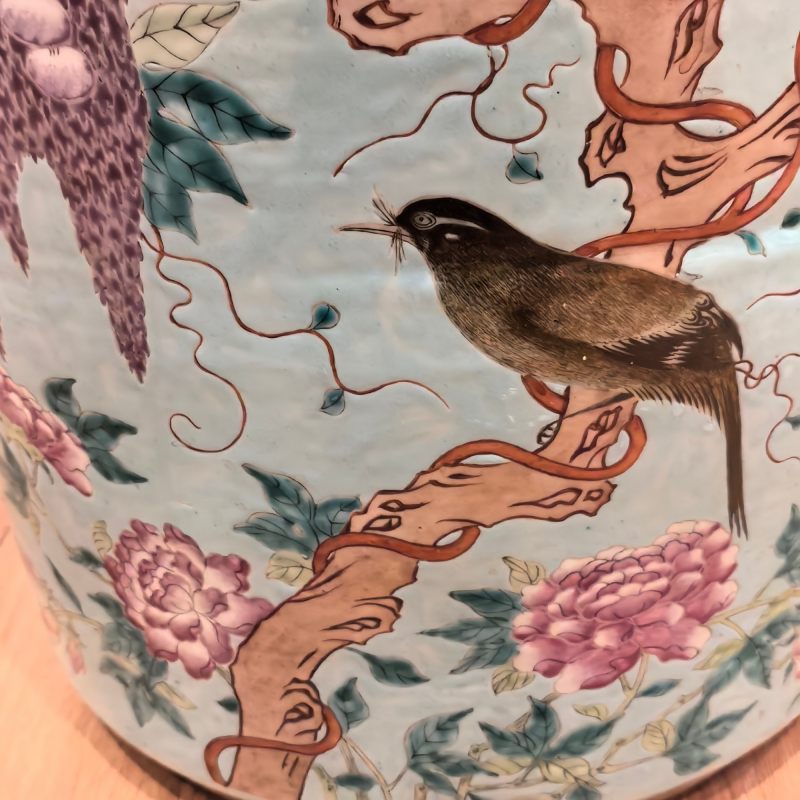 清晚期 松石绿地粉彩紫藤花鸟纹花盆 - 图10
