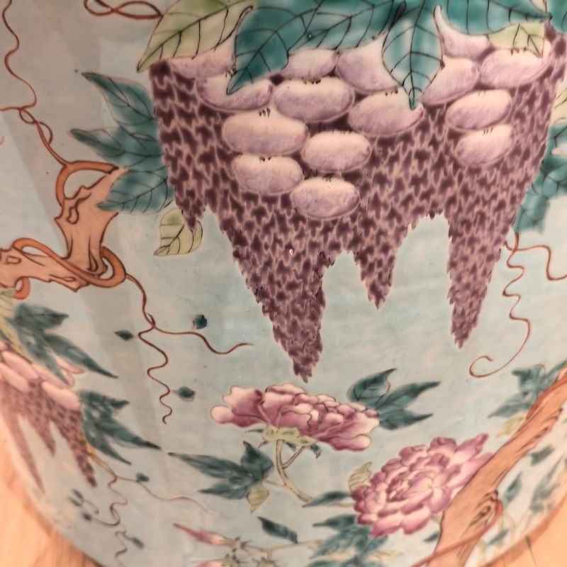 清晚期 松石绿地粉彩紫藤花鸟纹花盆 - 图11