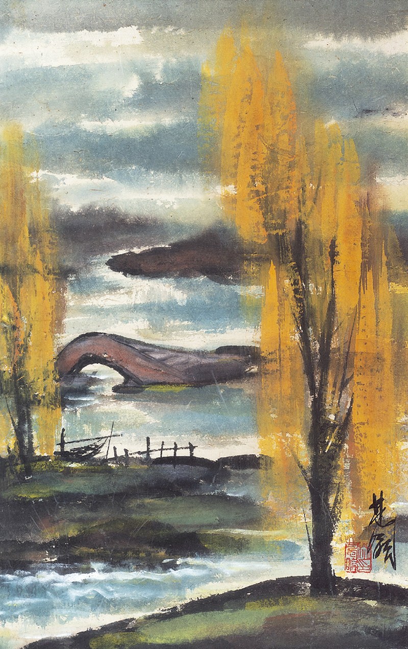 林风眠  风景水粉镜心带框