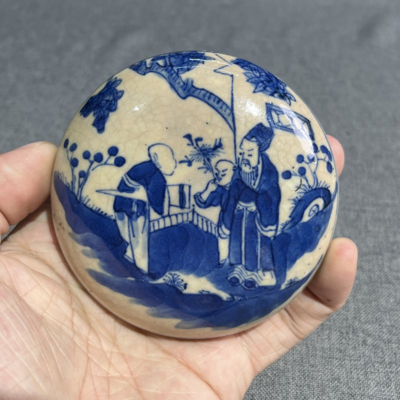 清晚期浆胎青花人物故事印泥盒 - 图5