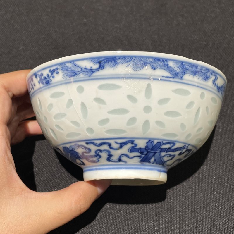清光绪 玲珑瓷青花一路连科纹碗 - 图4