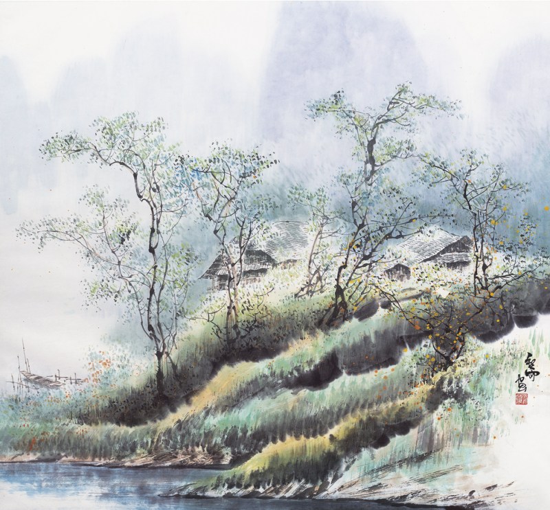新雨 春到山庄镜心带框