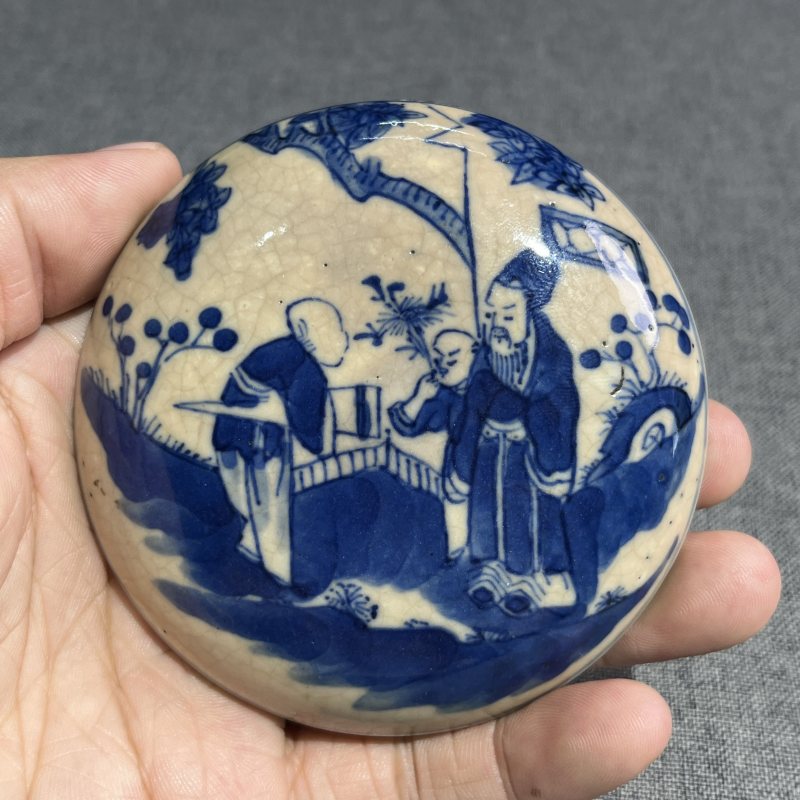 清晚期浆胎青花人物故事印泥盒 - 图6