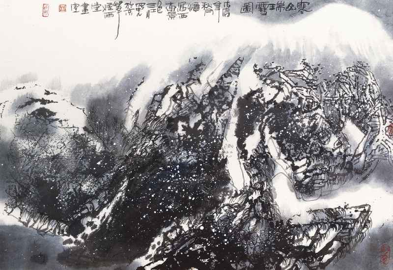 吴雅明  寒山瑞雪图镜心带框