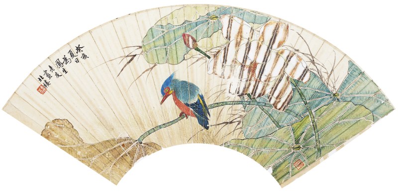 金城  花鸟扇面镜心带框