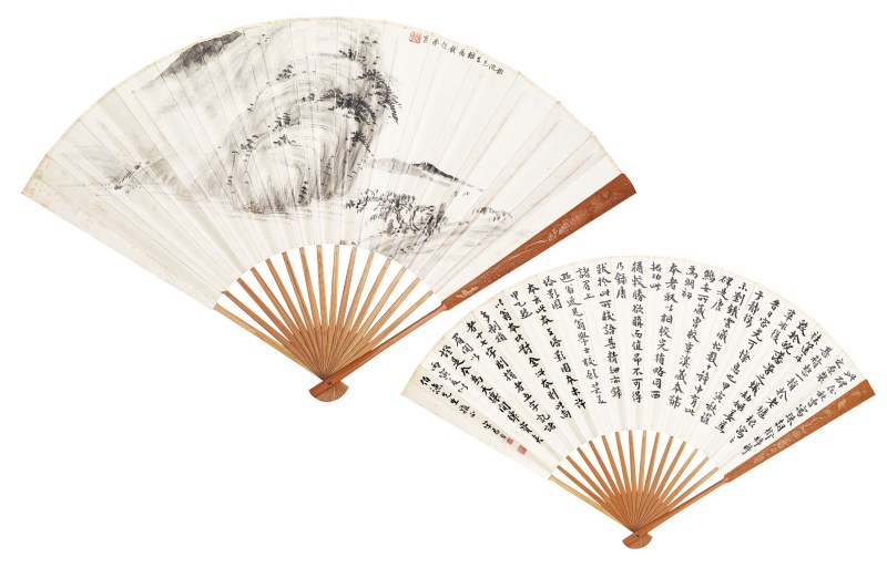 超华、宋君芳  山水书法成扇