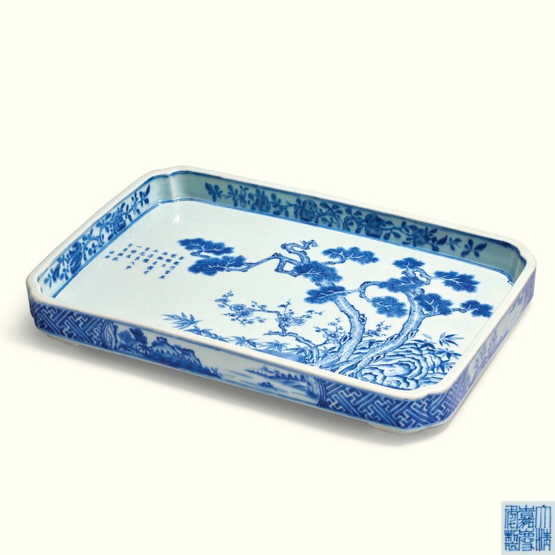 清嘉庆 青花岁寒三友图诗文茶盘