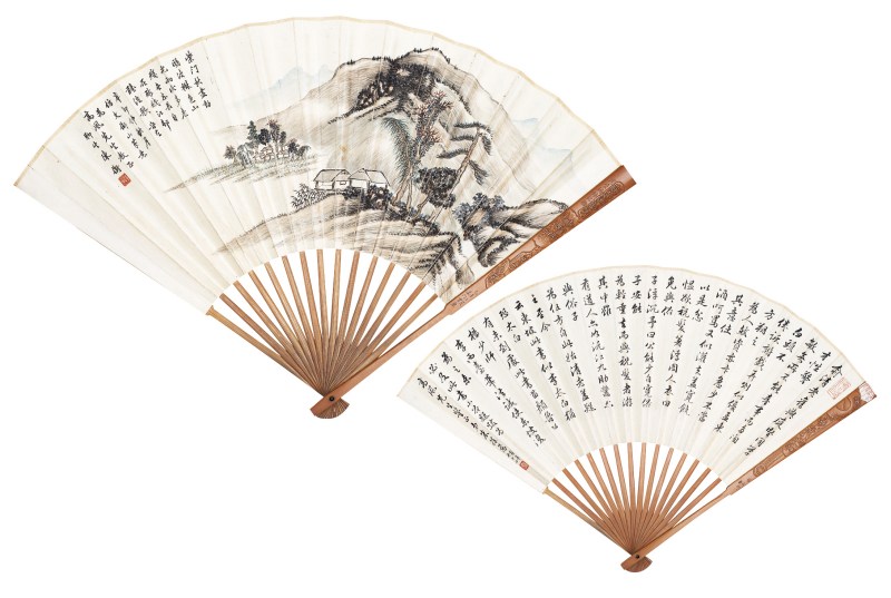 陈衡、朱葆慈  山水书法成扇