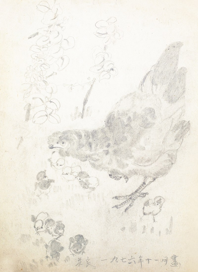 关良  鸡素描镜心