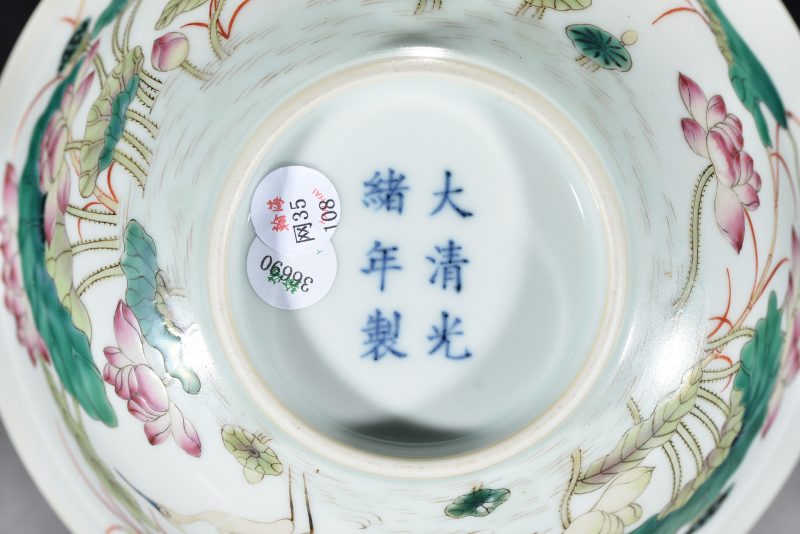 清光绪 内青花外粉彩一路连科纹碗 - 图9